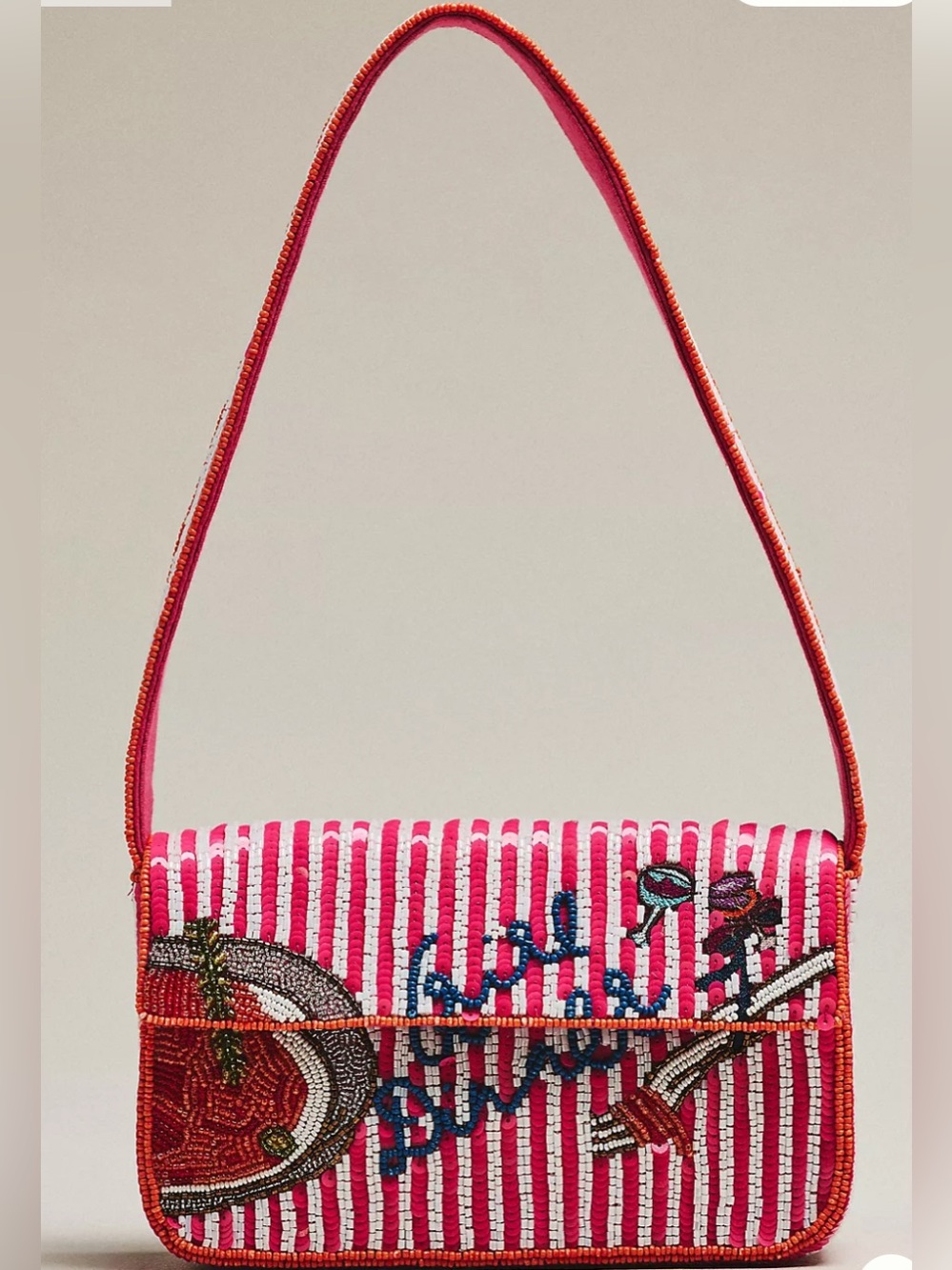 NWT Anthropologie Fiona Beaded Bag Sayings Edition Pink Stripe Girl Dinner